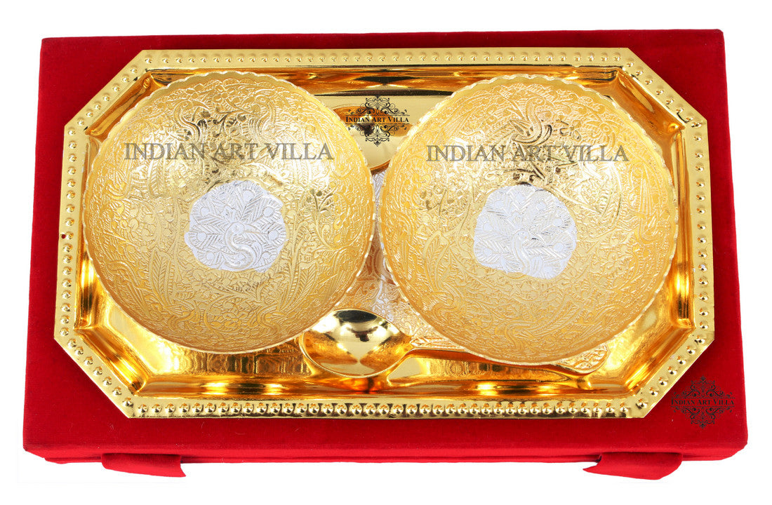 Pure Silver Plated Gold Polished Designer 2 Bowl with 2 Spoon & 1 Tray