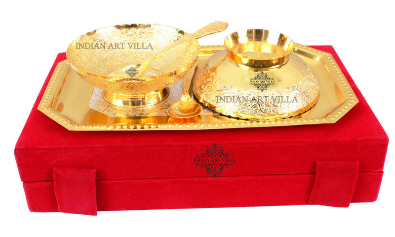 Pure Silver Plated Gold Polished Designer 2 Bowl with 2 Spoon & 1 Tray