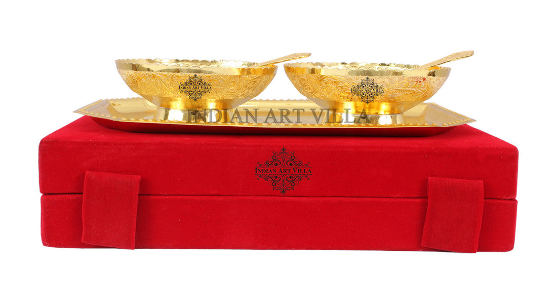 Pure Silver Plated Gold Polished Designer 2 Bowl with 2 Spoon & 1 Tray