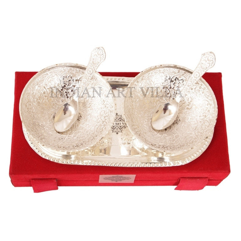 Handcrafted Pure Silver Plated Designer Bowl Set with 2 Bowl, 2 Spoon, 1 Tray
