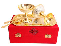 Pure Silver Plated Gold Polished 2 Ice Cream Bowl with 2 spoon & 1 tray