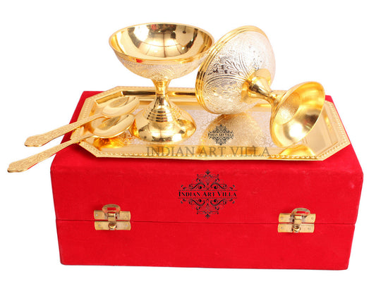 Pure Silver Plated Gold Polished 2 Ice Cream Bowl with 2 spoon & 1 tray