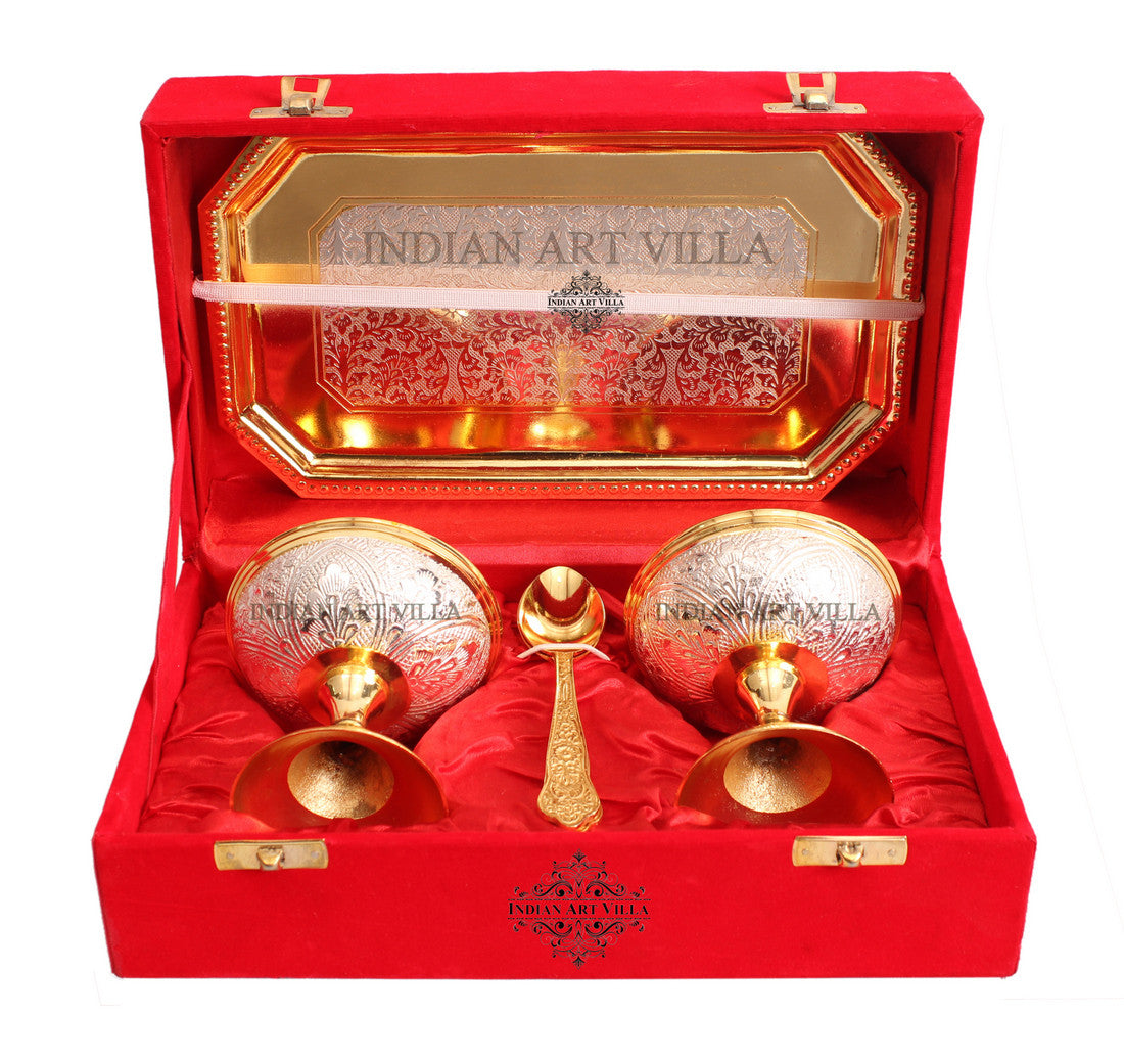 Pure Silver Plated Gold Polished 2 Ice Cream Bowl with 2 spoon & 1 tray