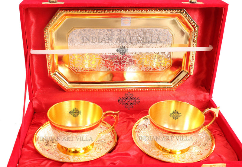 Set of 2 Silver Pleated Gold Polished Silver Plated Set of 2 Cup Sauccers with 1 Tray - Serving Tea Tableware Home Hotel Gift item Decorative Products
