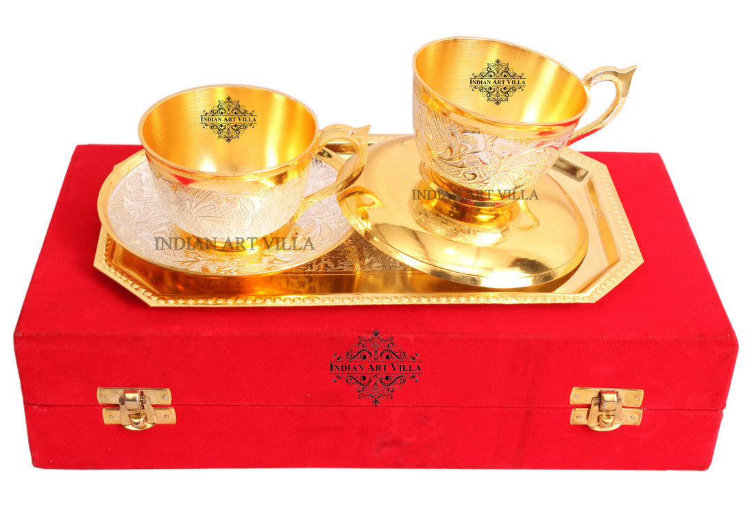 Set of 2 Silver Pleated Gold Polished Silver Plated Set of 2 Cup Sauccers with 1 Tray - Serving Tea Tableware Home Hotel Gift item Decorative Products