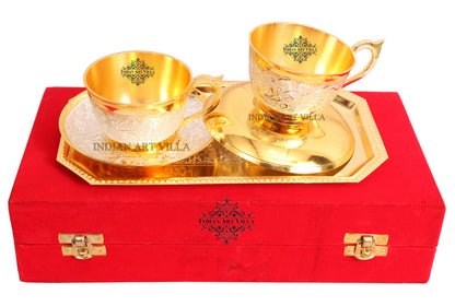 Set of 2 Silver Pleated Gold Polished Silver Plated Set of 2 Cup Sauccers with 1 Tray - Serving Tea Tableware Home Hotel Gift item Decorative Products