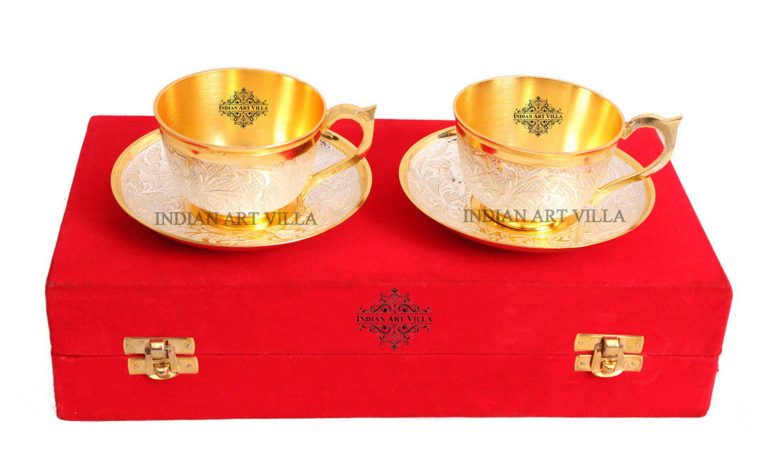 Set of 2 Silver Pleated Gold Polished Silver Plated Set of 2 Cup Sauccers with 1 Tray - Serving Tea Tableware Home Hotel Gift item Decorative Products