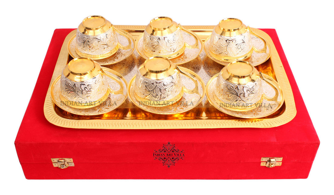 Pure Silver Plated Gold Polished 6 Cup Saucers with 1 Tray