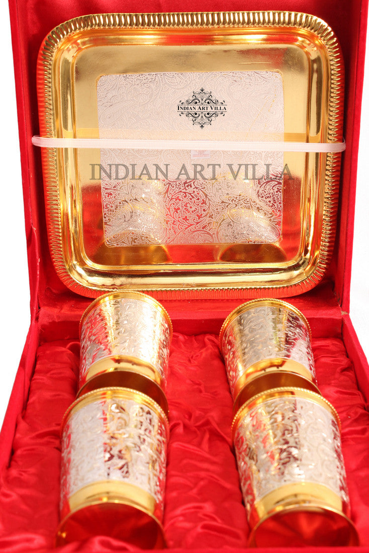 Silver Plated Gold Polished 4 Glasses with 1 tray
