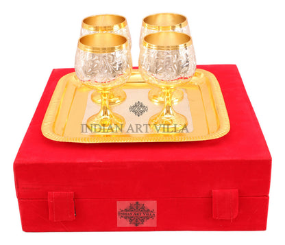 Silver Plated Gold Polish 4 Wine Glass & 1 Square Tray