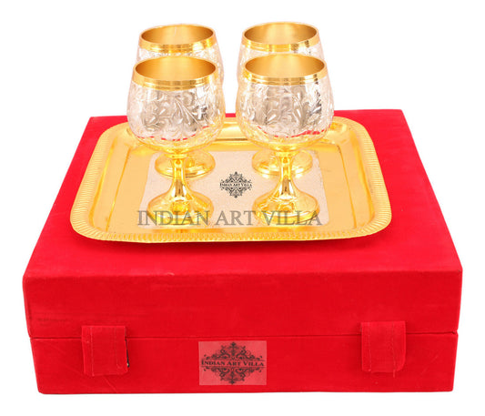 Silver Plated Gold Polish 4 Wine Glass & 1 Square Tray