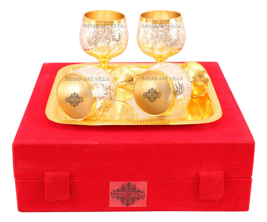 Silver Plated Gold Polish 4 Wine Glass & 1 Square Tray