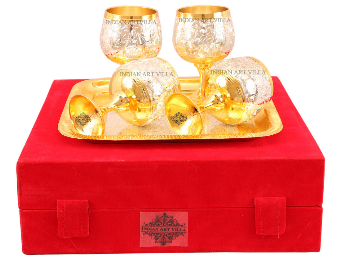Silver Plated Gold Polish 4 Wine Glass & 1 Square Tray