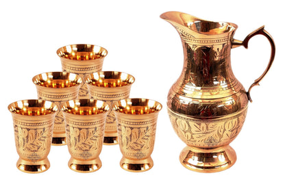 Handmade Pure Brass Jug Pitcher with Glass Set with Mughlai Style, Drinkware, Tableware