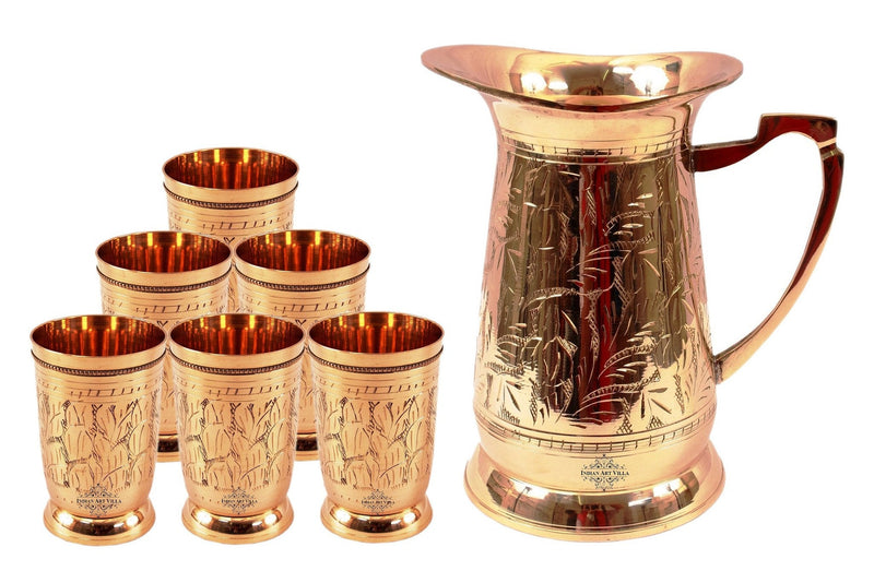 Handcrafted Pure Copper Jug Pitcher with Glass Set with Mughlai Style, Drinkware, Serveware Set