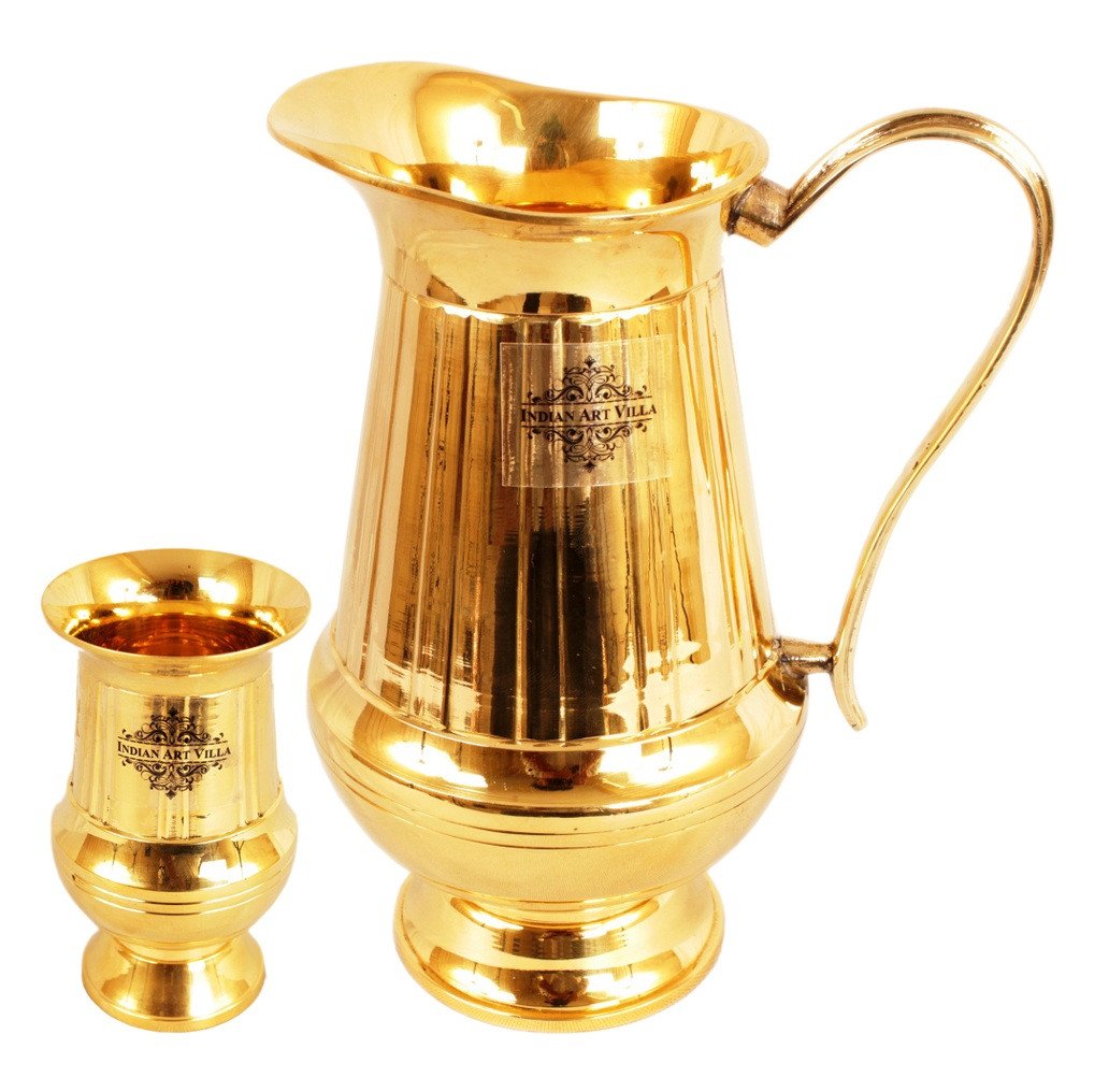 Pure Brass Vertical Lining Design Jug Pitcher with Glass, Drinkware, Serveware Combo