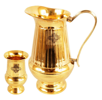 Pure Brass Vertical Lining Design Jug Pitcher with Glass, Drinkware, Serveware Combo