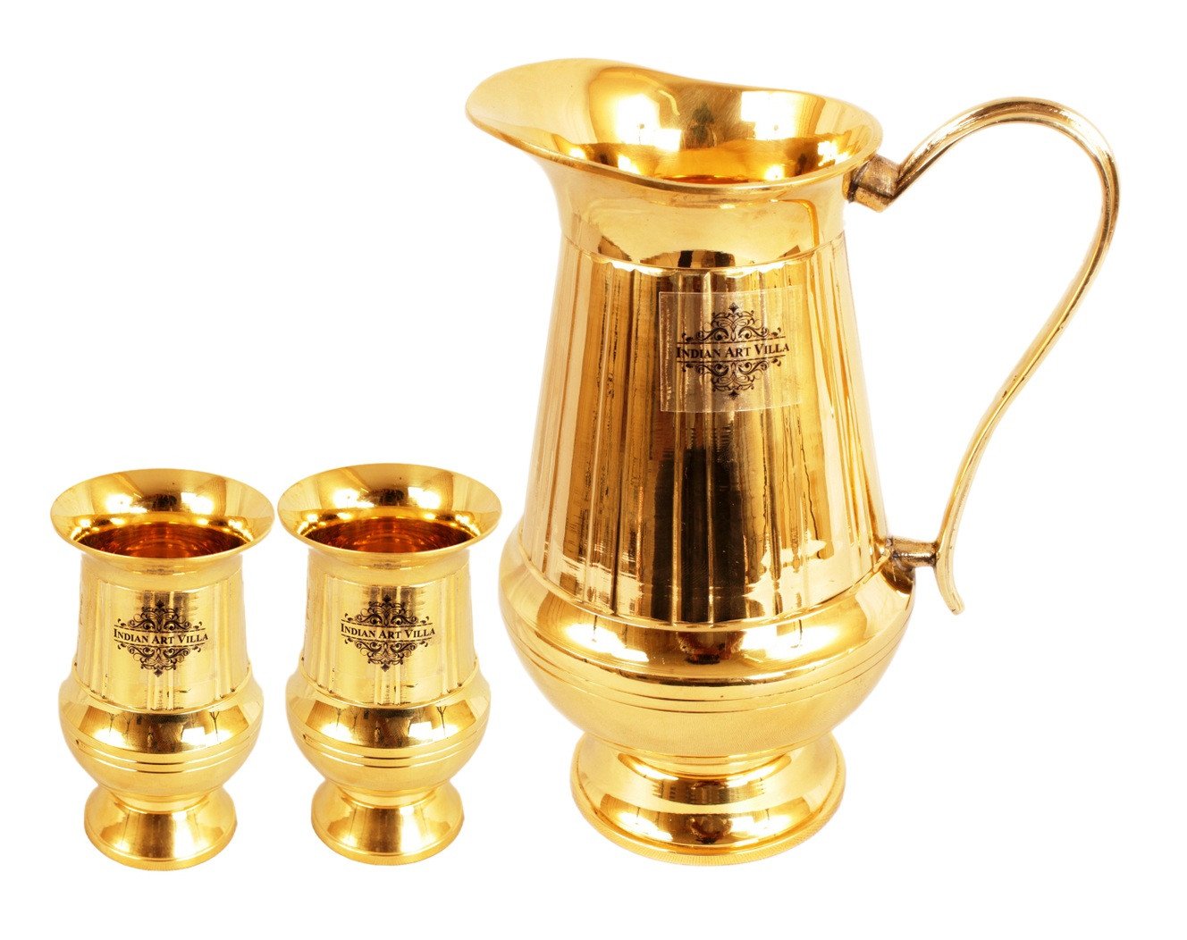 Pure Brass Vertical Lining Design Jug Pitcher with Glass, Drinkware, Serveware Combo