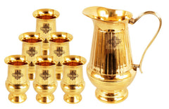Pure Brass Vertical Lining Design Jug Pitcher with Glass, Drinkware, Serveware Combo