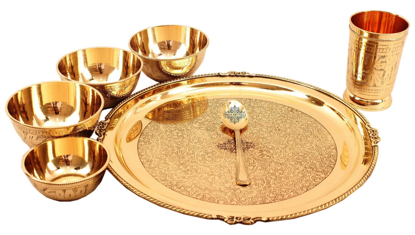 Brass Thali Dinner set of 7 pieces, Mughlai Style, Embossed Design | Dinnerware