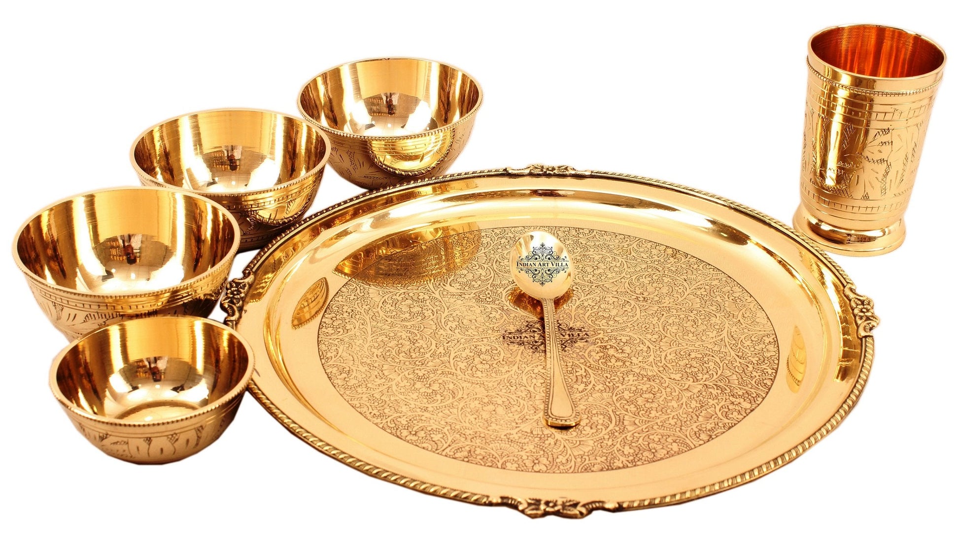 Brass Thali Dinner set of 7 pieces, Mughlai Style, Embossed Design | Dinnerware