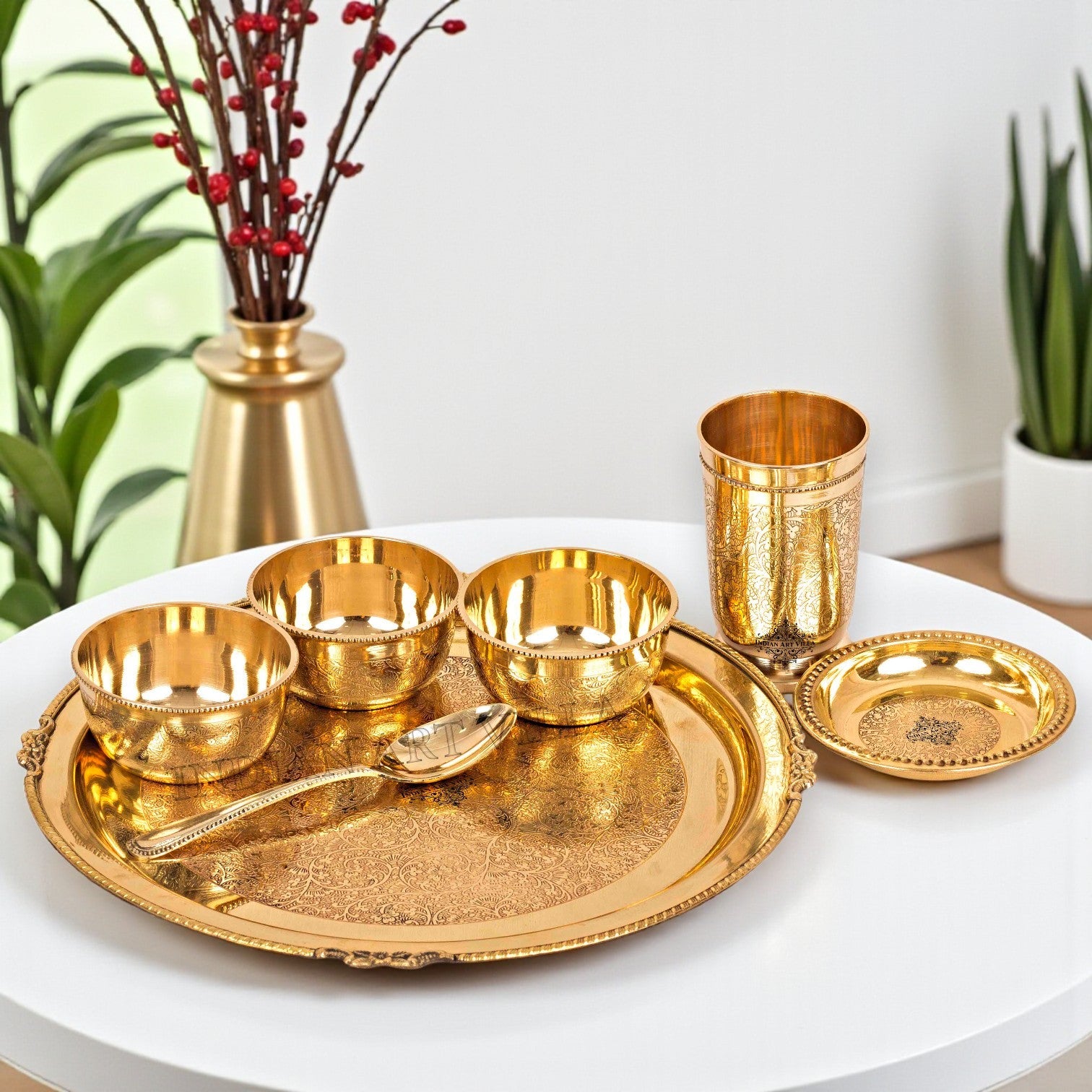 Brass Thali Dinner set of 7 Pieces, Mughlai Style, Embossed Design, Beaded Lining | Dinnerware