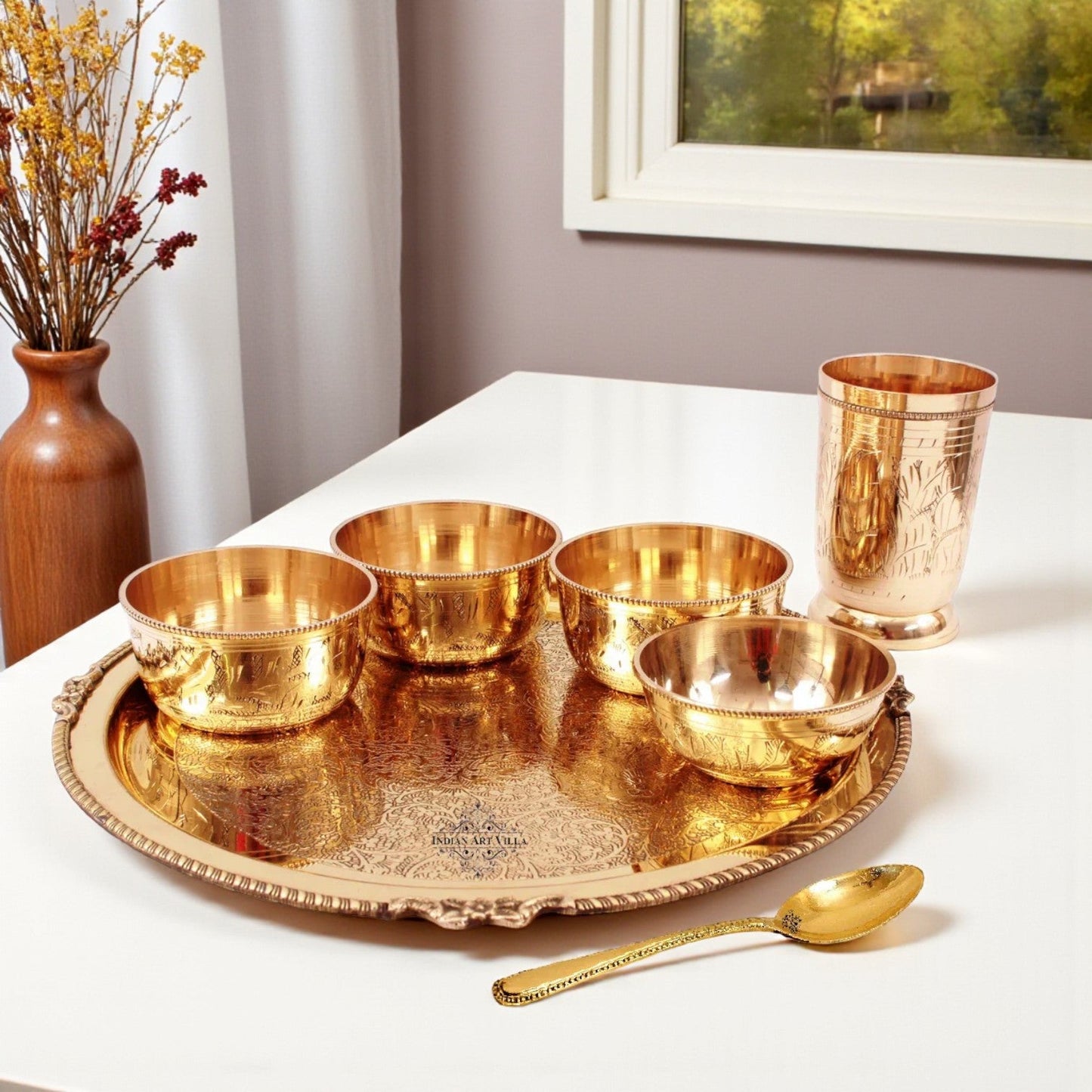 Brass Embossed Dinner Set, Thali Set with Beaded Designer Line, Set of 7 , Dinnerware, Tableware