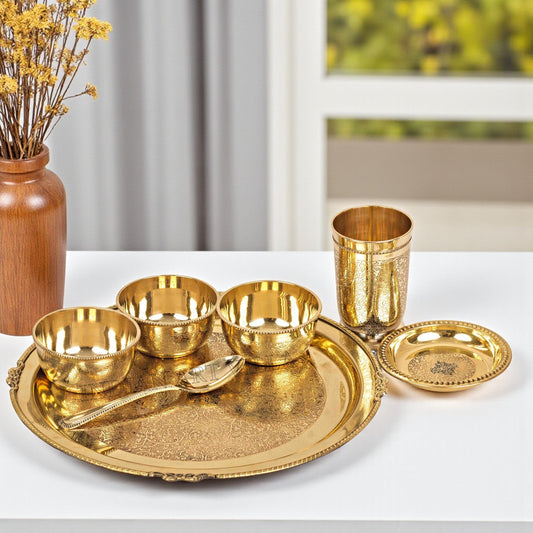 Brass Hammered Dinner Set, Thali Set with Beaded Designer Line, Set of 7 , Dinnerware, Tableware