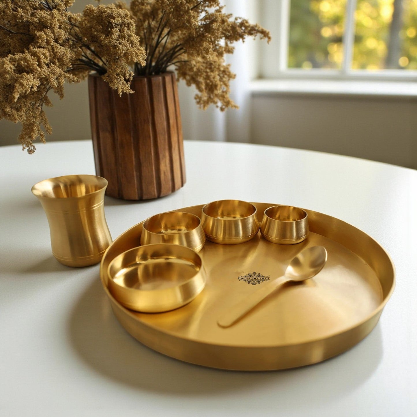 Brass 7 Pieces Dinner Set in Matt Finish, Set of 1 Thali, 1 Glass, 1 Spoon, 1 Halva Bowl, 2 Medium Bowl and 1 chutney bowl