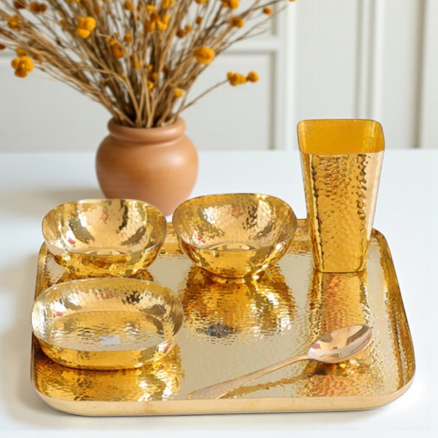 Brass Hammered Square 6 Pcs. Thali set,  1 Square Thali, 2 Bowls, 1 Rice Plate, 1 Spoon and 1 Glass