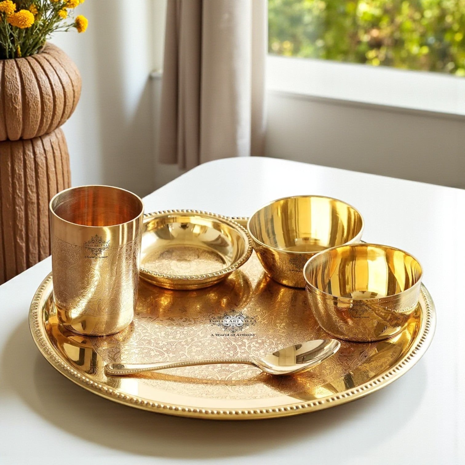 Handcrafted Pure Brass Dinnerware/Dinner Set, Embossed Kitchen Set for Home and Restaurant, (6 Pieces)