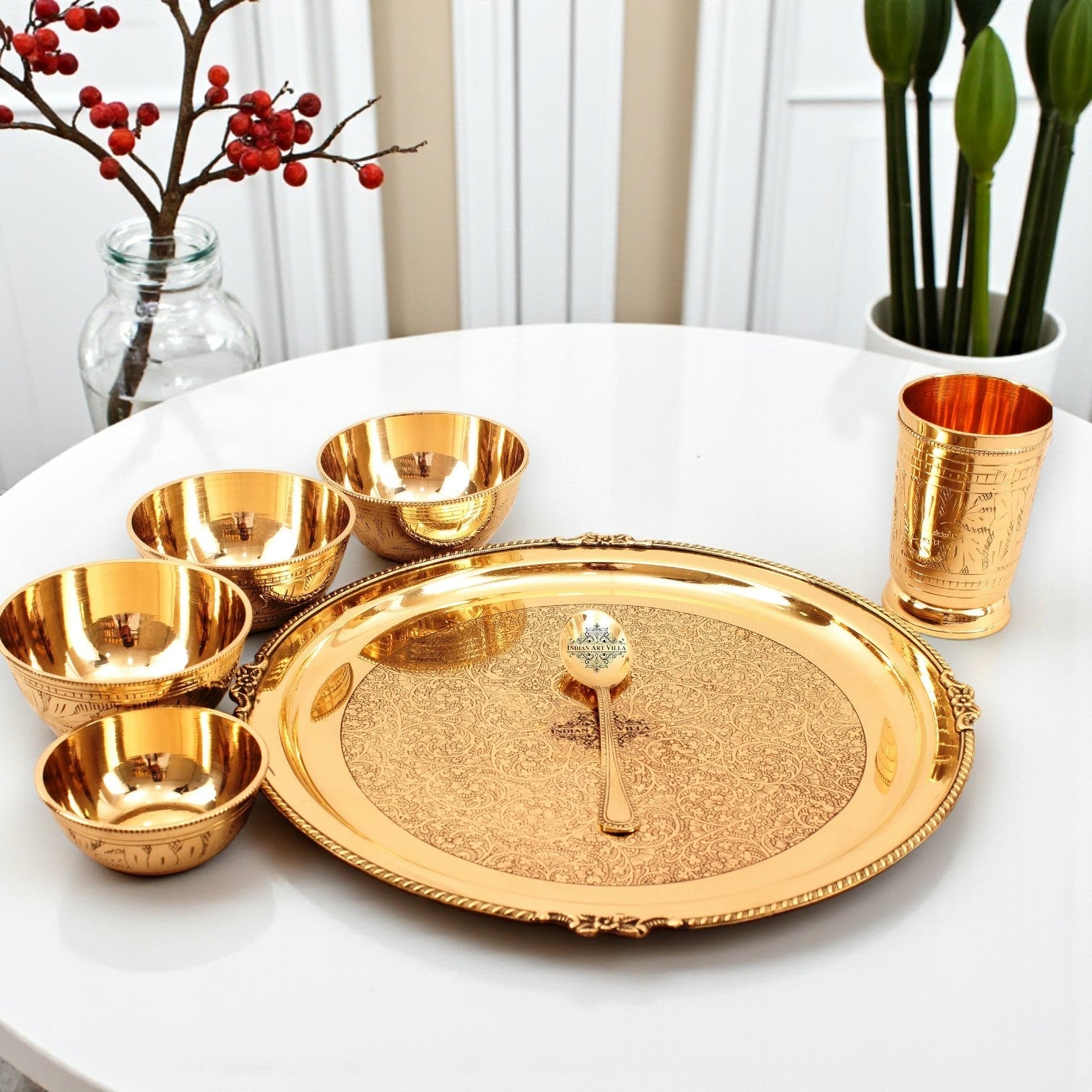 Brass Thali Dinner set of 7 pieces, Mughlai Style, Embossed Design | Dinnerware