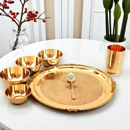 Brass Thali Dinner set of 7 pieces, Mughlai Style, Embossed Design | Dinnerware