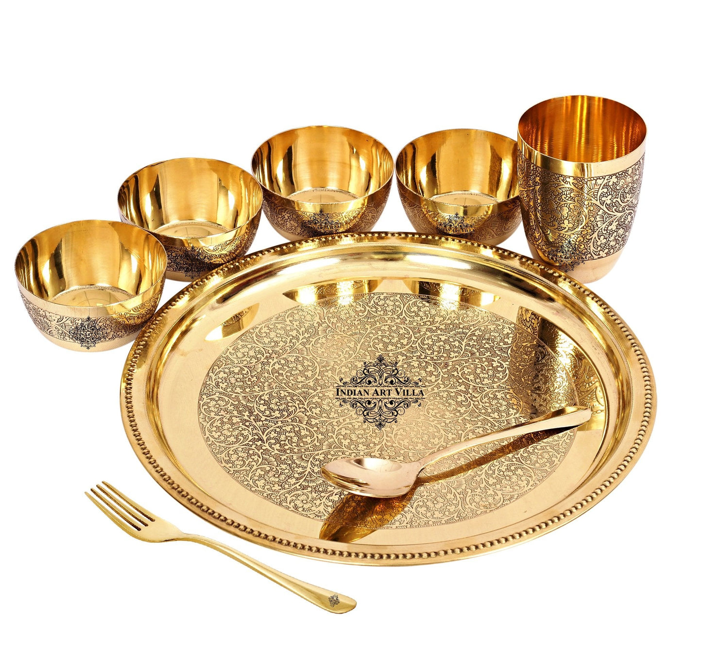 Brass 8 Pieces Dinner Set/Thali Set of 1 Plate, 1 Glass, 1 Spoon, 1 Fork & 4 Bowls