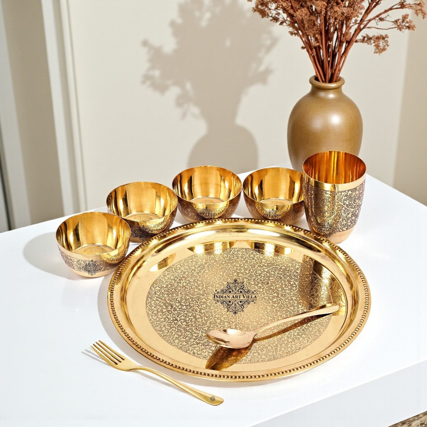 Brass 8 Pieces Dinner Set/Thali Set of 1 Plate, 1 Glass, 1 Spoon, 1 Fork & 4 Bowls