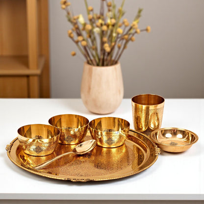Brass Thali Dinner set of 7 Pieces, Mughlai Style, Embossed Design | Dinnerware