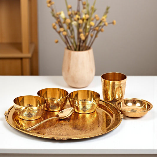 Brass Thali Dinner set of 7 Pieces, Mughlai Style, Embossed Design | Dinnerware