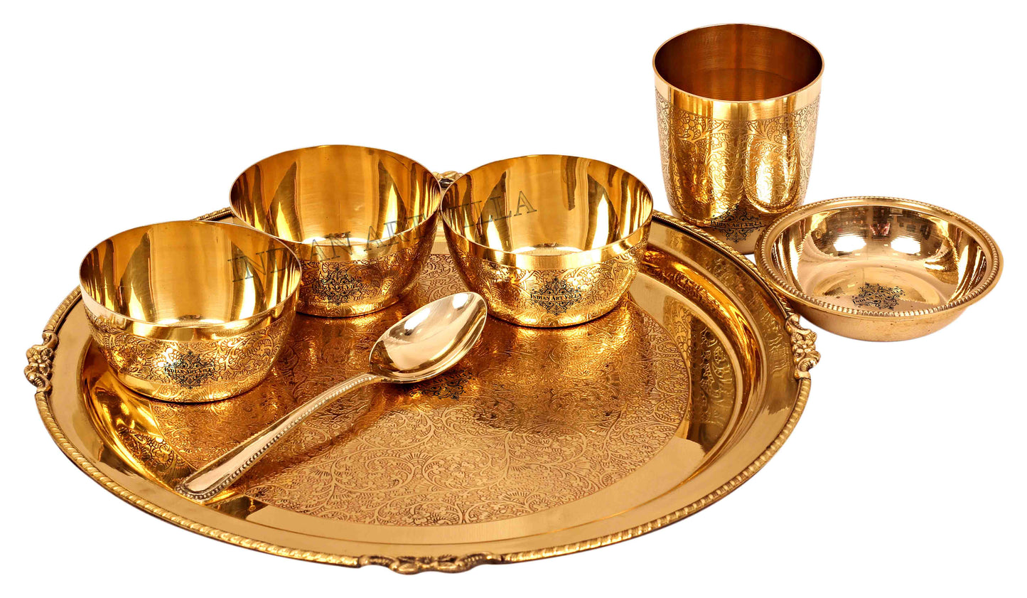 Brass Thali Dinner set of 7 Pieces, Mughlai Style, Embossed Design | Dinnerware