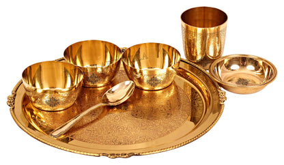 Brass Thali Dinner set of 7 Pieces, Mughlai Style, Embossed Design | Dinnerware