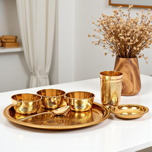 Brass Thali Dinner set of 7, Mughlai Style, Embossed Design | Dinnerware