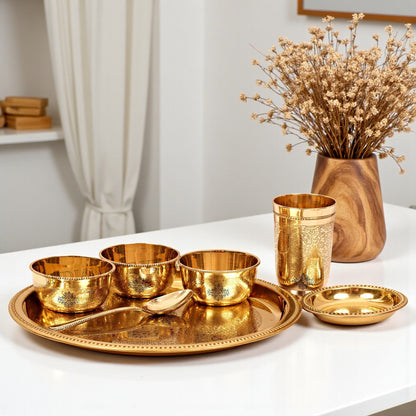 Brass Thali Dinner set of 7 Pieces, Mughlai Style, Embossed Design, Beaded Lining | Dinnerware