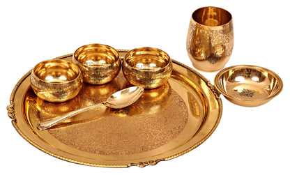 Brass Thali Dinner set of 7, Mughlai Style, Embossed Design | Dinnerware