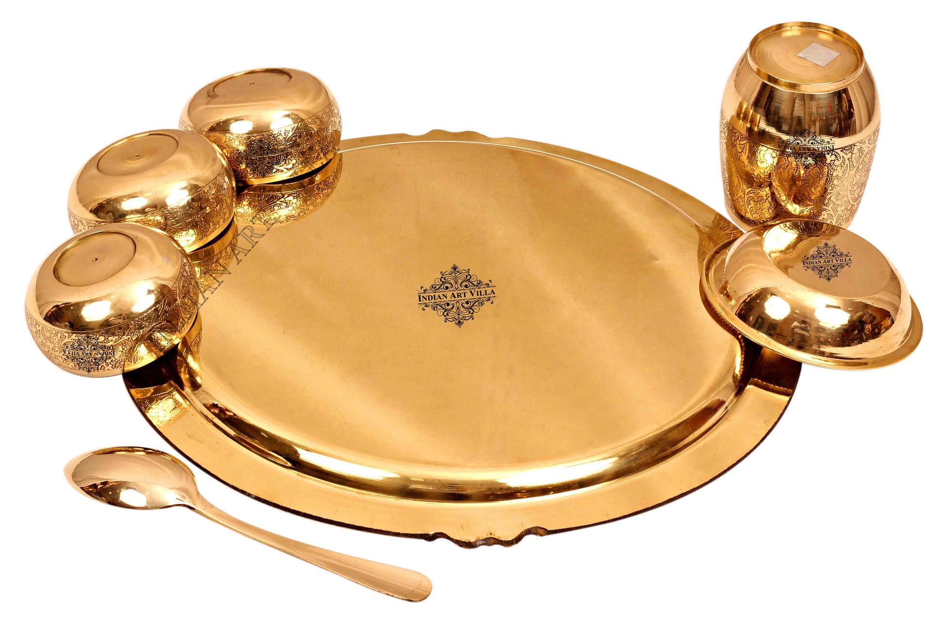 Brass Thali Dinner set of 7, Mughlai Style, Embossed Design | Dinnerware