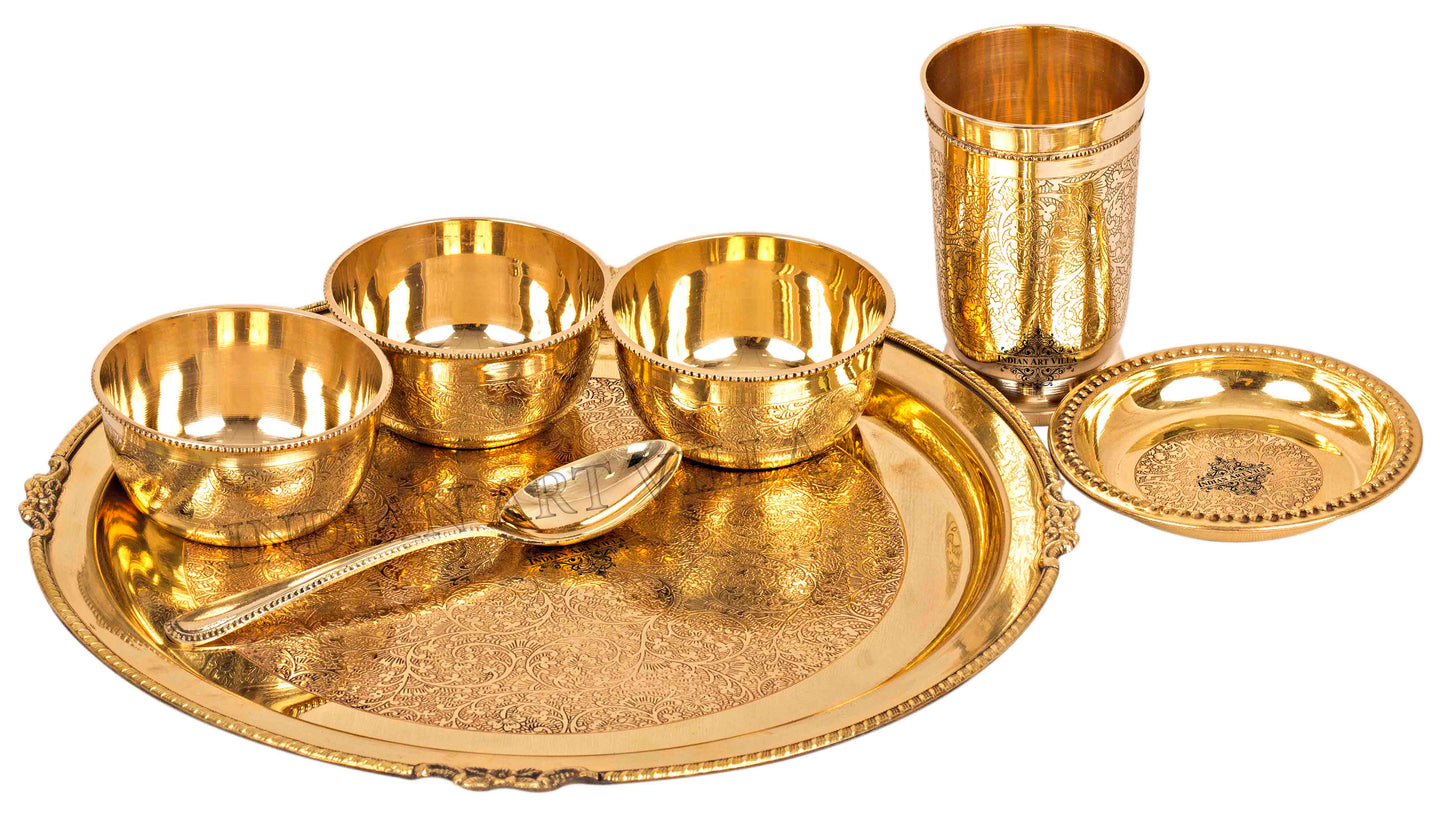 Brass Thali Dinner set of 7 Pieces, Mughlai Style, Embossed Design, Beaded Lining | Dinnerware