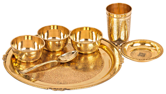 Brass Hammered Dinner Set, Thali Set with Beaded Designer Line, Set of 7 , Dinnerware, Tableware