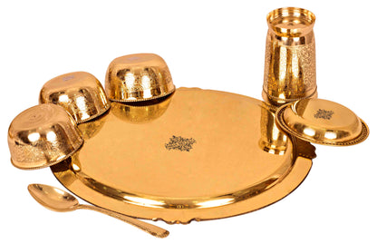 Brass Thali Dinner set of 7 Pieces, Mughlai Style, Embossed Design, Beaded Lining | Dinnerware