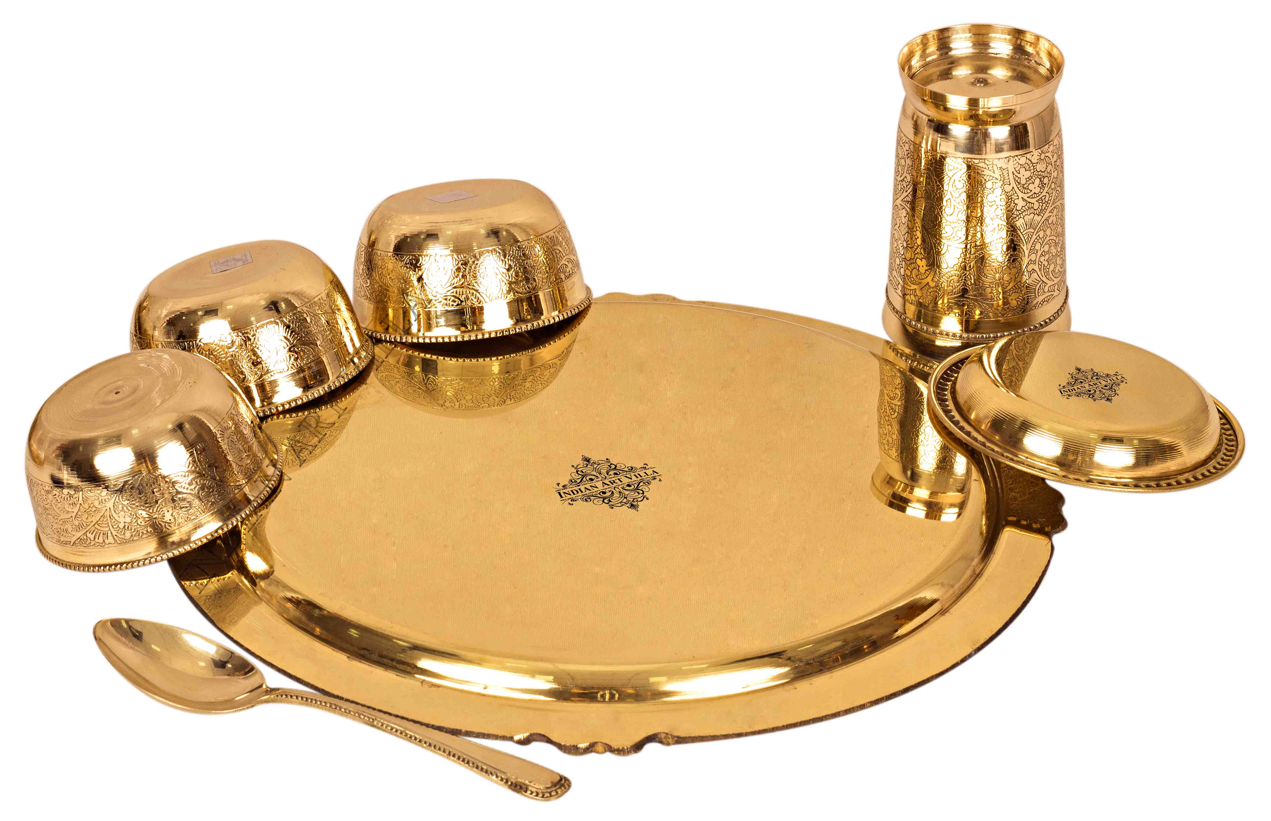 Brass Thali Dinner set of 7 Pieces, Mughlai Style, Embossed Design, Beaded Lining | Dinnerware