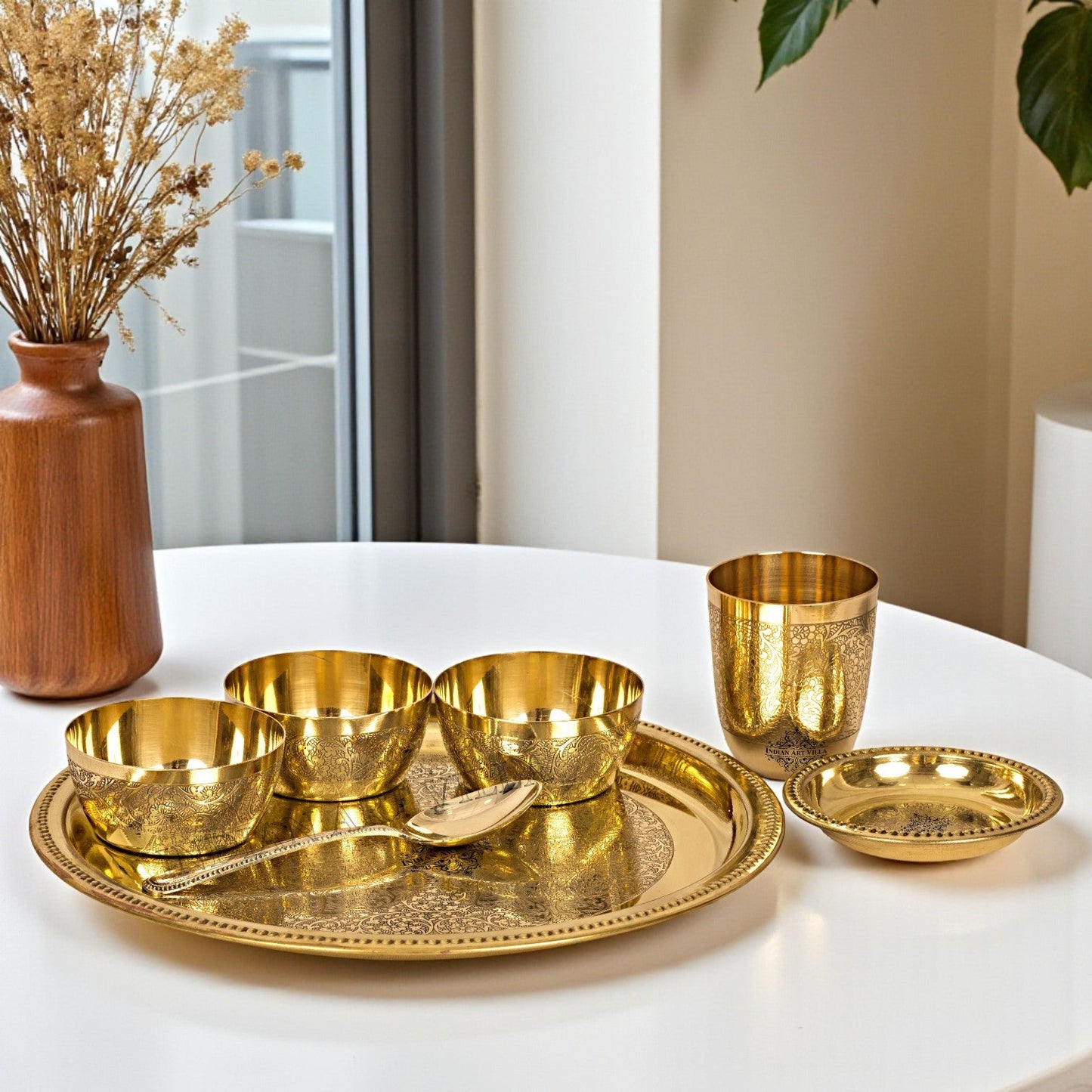 Brass Thali Dinner set of 7 Pieces, Mughlai Style, Embossed Design, Beaded Lining | Dinnerware