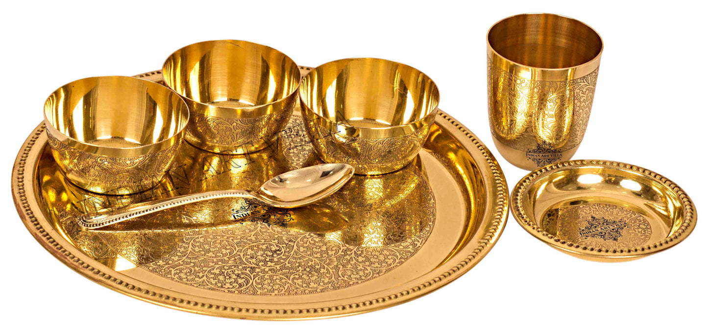 Brass Thali Dinner set of 7 Pieces, Mughlai Style, Embossed Design, Beaded Lining | Dinnerware