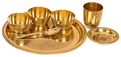 Brass Thali Dinner set of 7 Pieces, Mughlai Style, Embossed Design, Beaded Lining | Dinnerware